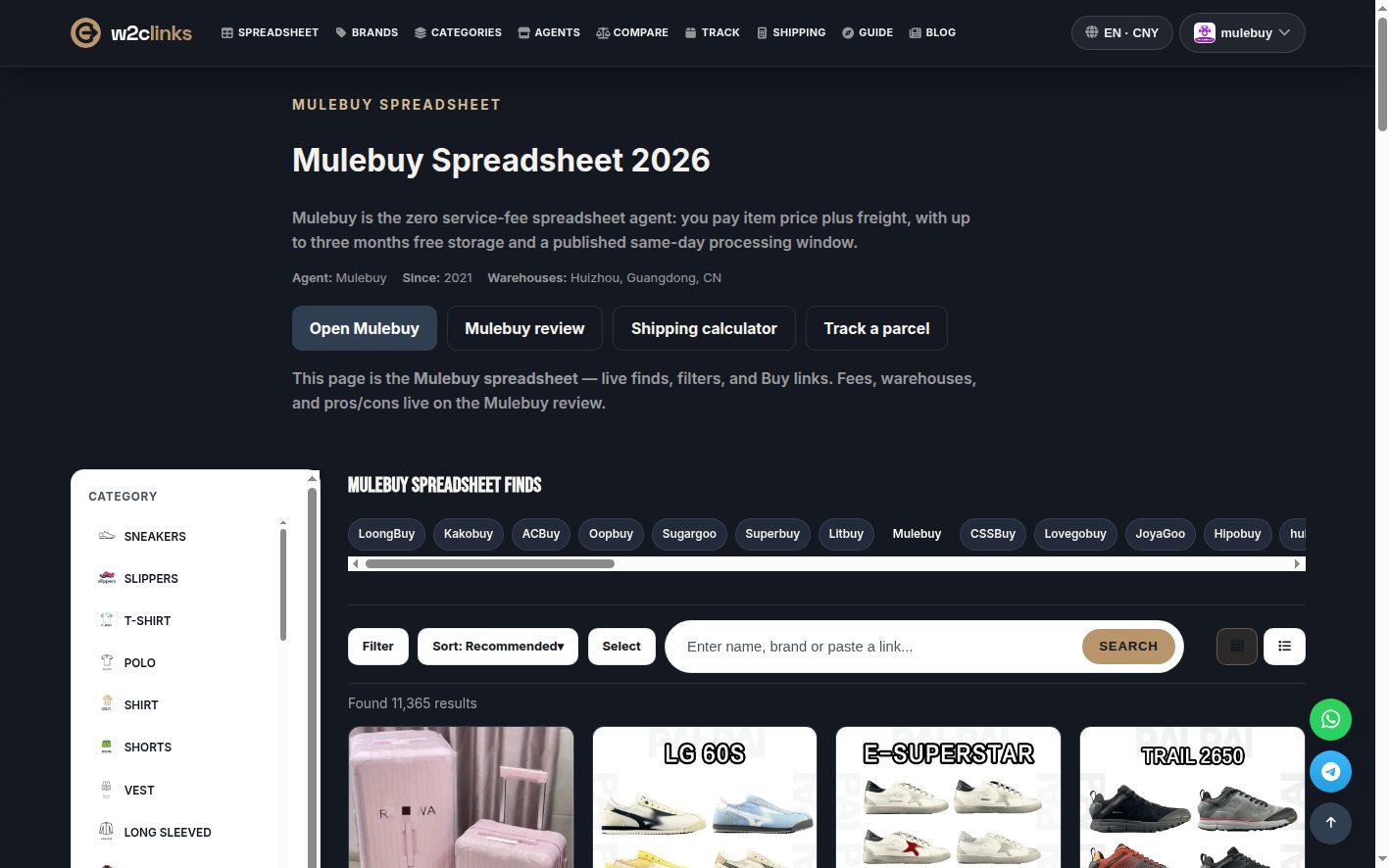 MuleBuy spreadsheet on w2clinks: live finds, filters and Buy links